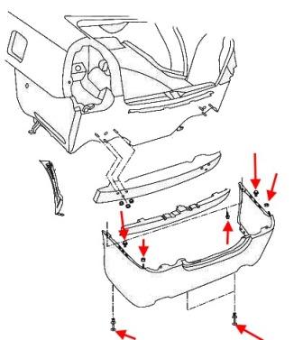 the scheme of fastening of the rear bumper Nissan Altima L31 (2002-2006)